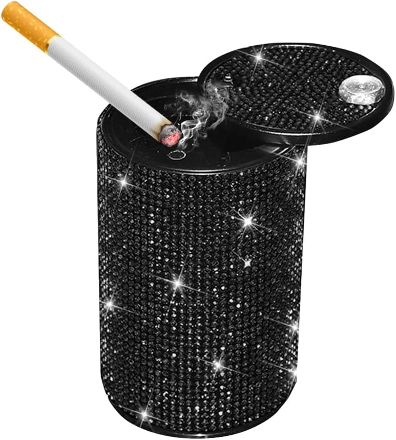 Sandfren Bling Car Ashtray, Crystal Rhinestone Smokeless Vehicle Cup Holder Cigarette Ashtray with Lid, Portable Auto Interior Accessories for Women Girls, Universal for Truck SUV Sedan (Black) - Image 1